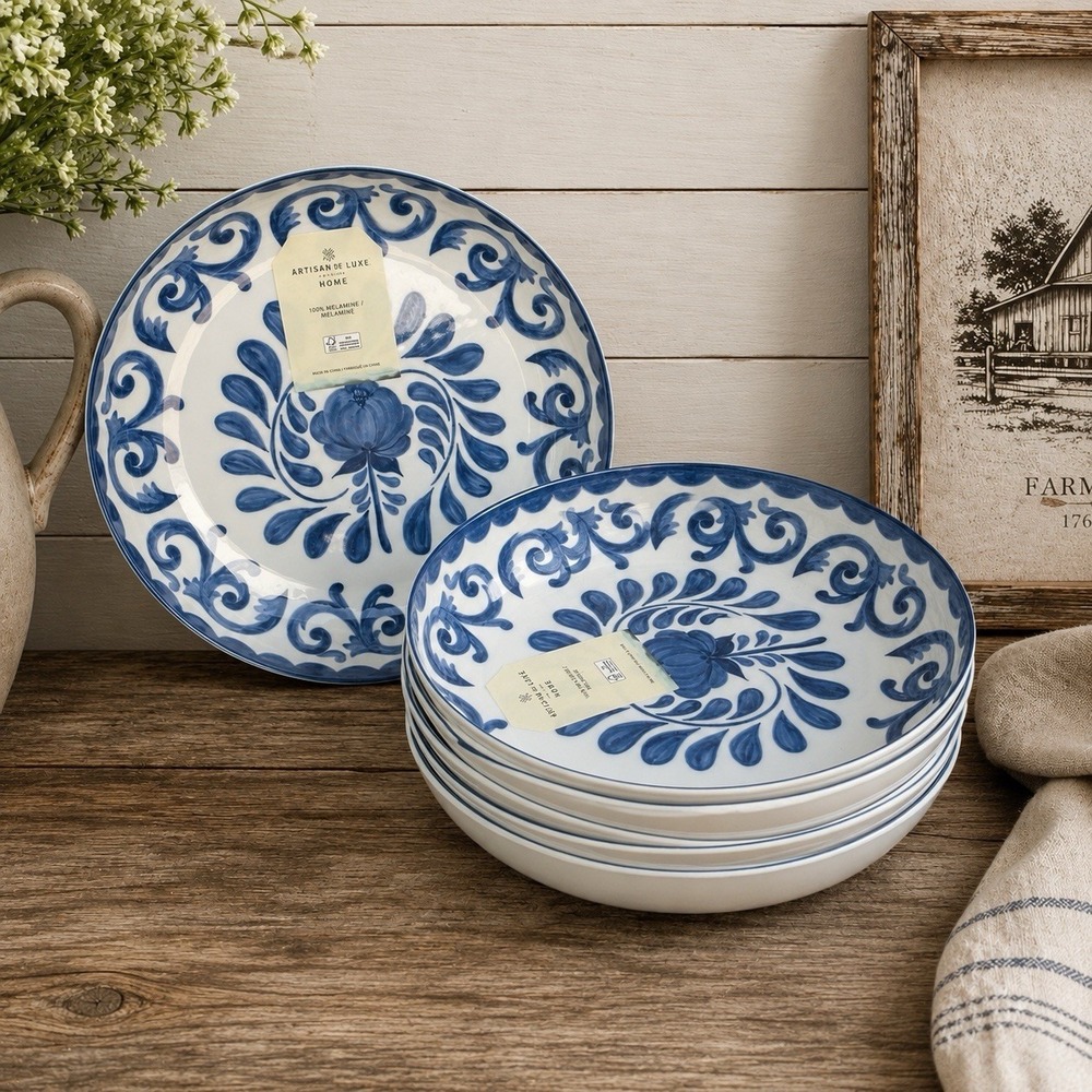 Set of 6 Artisan de Luxe BLUE ROSE SCROLL Melamine PASTA BOWLS / ENTREE SALAD